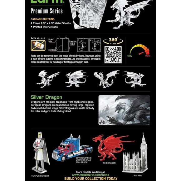 Fascinations Metal Earth Silver Dragon Model Kit Steel Model ICX023 - Picture 2 of 8